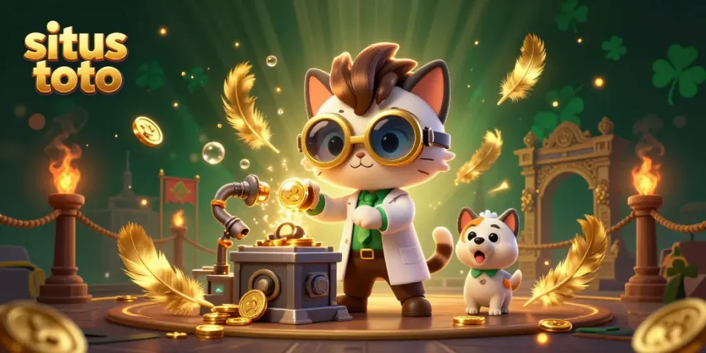 Ilustrasi situs toto dengan karakter kucing ilmuwan gila di laboratorium dan anjing asisten, dikelilingi elemen kasino.