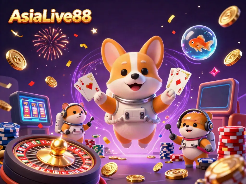 Experience thrilling gaming adventures at AsiaLive88 with energetic characters and vibrant casino elements.