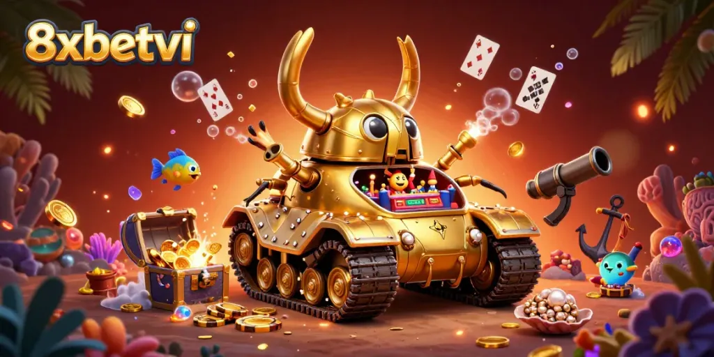 Immerse in the 8xbetvi casino experience featuring a golden beetle tank with a miniature casino bursting with excitement.