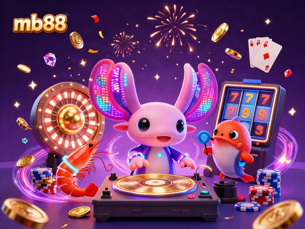 Experience exciting casino action with mb88 as a neon axolotl DJ spins records amidst dancing shrimp and vibrant treasures.
