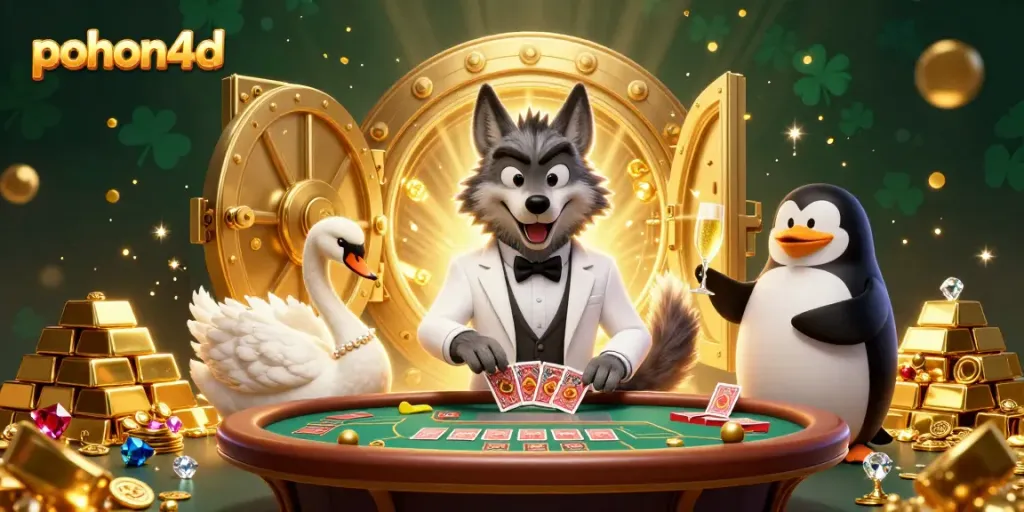 Experience excitement at pohon4d with elegant characters playing baccarat surrounded by wealth
