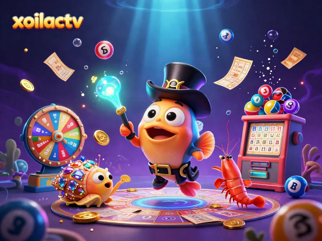 Engaging scene of the xoilactv anglerfish illuminating golden coins while a shrimp and snail celebrate the lottery ambiance.