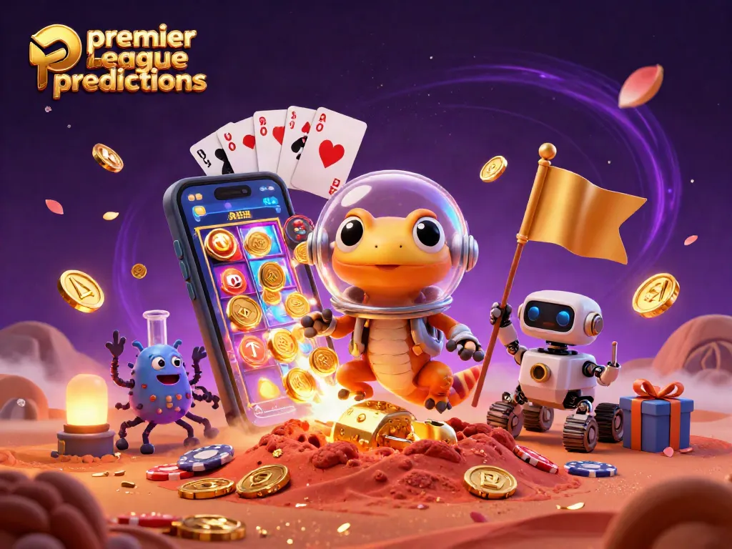 Uncover premier league predictions with a Martian gecko and casino treasures in a vibrant scene.