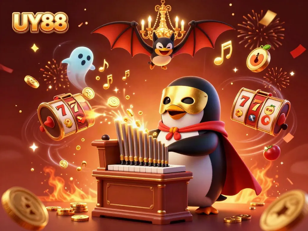 Experience exciting slots and jackpots at UY88 with the phantom opera penguin and lively celebration elements.