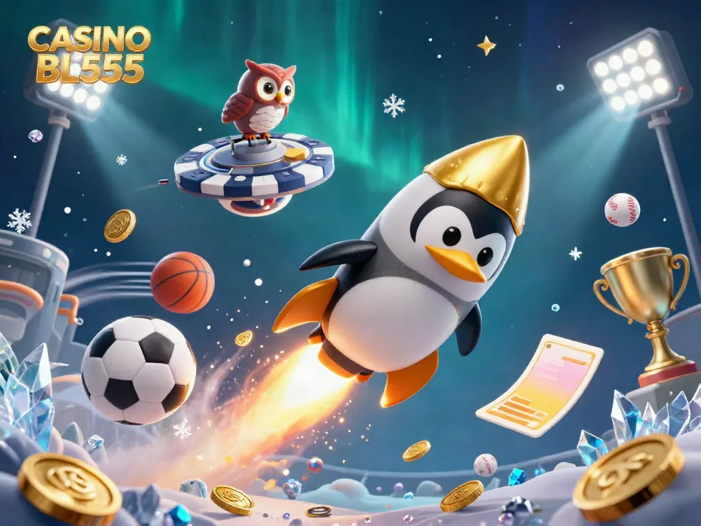 Experience excitement at CASINO BL555 with a golden penguin and dynamic gaming elements!