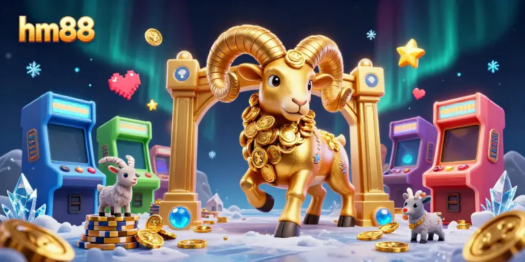 Engage in the thrill of hm88 with a golden ram charging through a vibrant 3D casino scene.