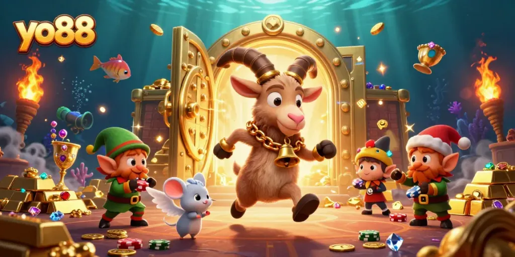 Engage with yo88 in a vibrant underwater casino scene featuring playful characters and exciting treasure.