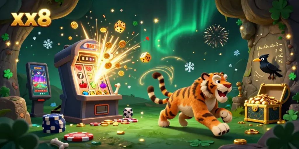 Experience the thrill of winning at xx8’s prehistoric casino with caveman characters, slot machines, and golden treasures.