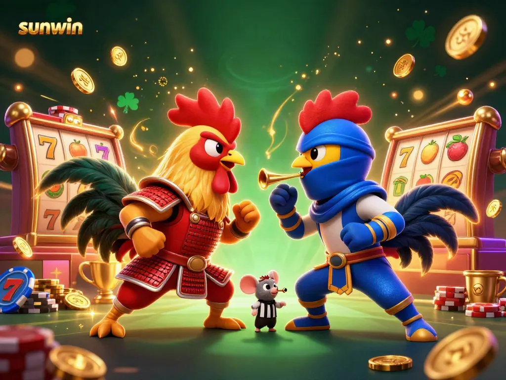 Exciting sunwin scene with cartoon roosters in battle, golden coins and slot reels flying around.