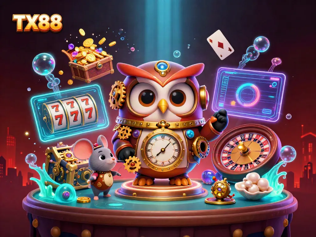 Experience thrilling gaming at TX88 with a playful steampunk owl enjoying energetic slot action amidst vibrant animations.