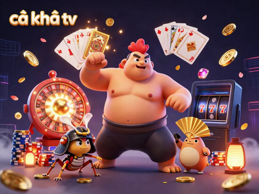 Catching exhilarating action at cà khịa tv with vibrant golden coins, a powerful sumo wrestler rooster, and thrilling casino elements.