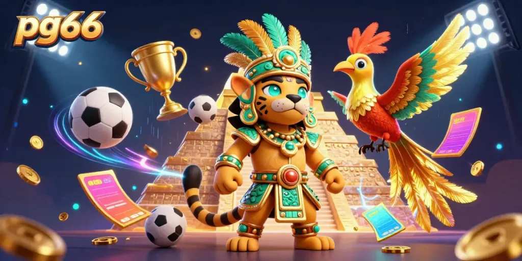 Engage with PG66's thrilling gaming universe, featuring vibrant scenes of a Mayan jaguar priest and energetic games.