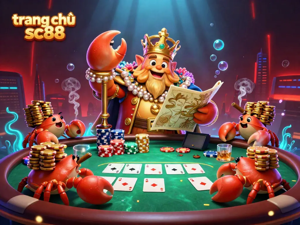 Engage with the exciting scene of trang chủ sc88 featuring a crab emperor among dynamic poker elements.