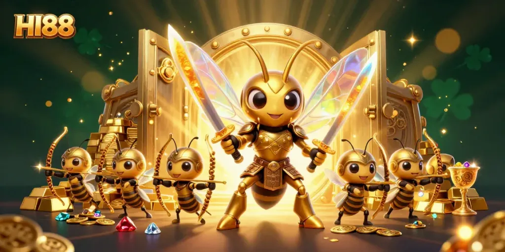 Experience thrilling gameplay with HI88 in a vibrant 3D casino scene featuring gold and gems.