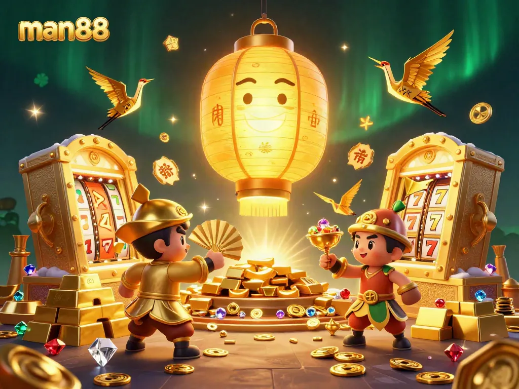 Experience the excitement of man88 with a golden lantern spirit and casino treasures glowing in a vibrant scene.