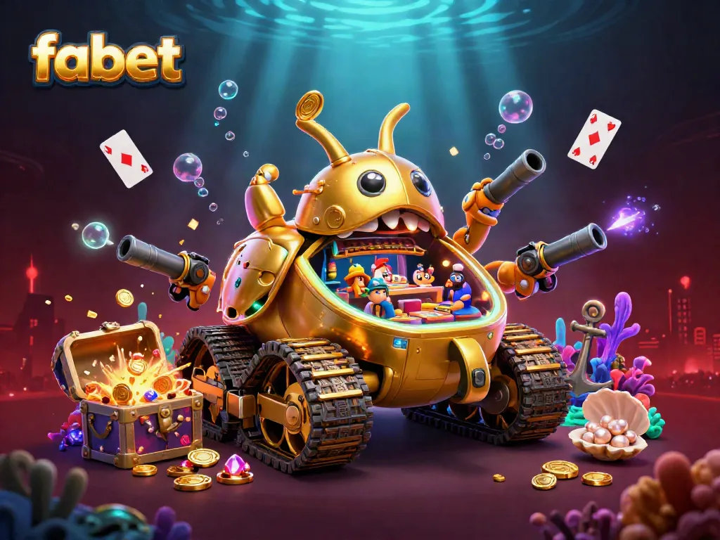 Engage with the colorful and dynamic fabet casino scene featuring a golden beetle tank and lively gaming elements.