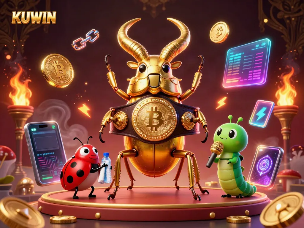 Engage with KUWIN's vibrant casino scene featuring a champion stag beetle and high-energy elements.