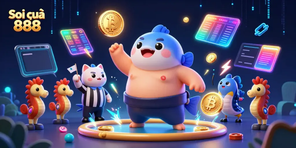 Soi cầu 888 showcases a vibrant underwater casino scene with a puffed-up fugu, catfish referee, and seahorse spectators.