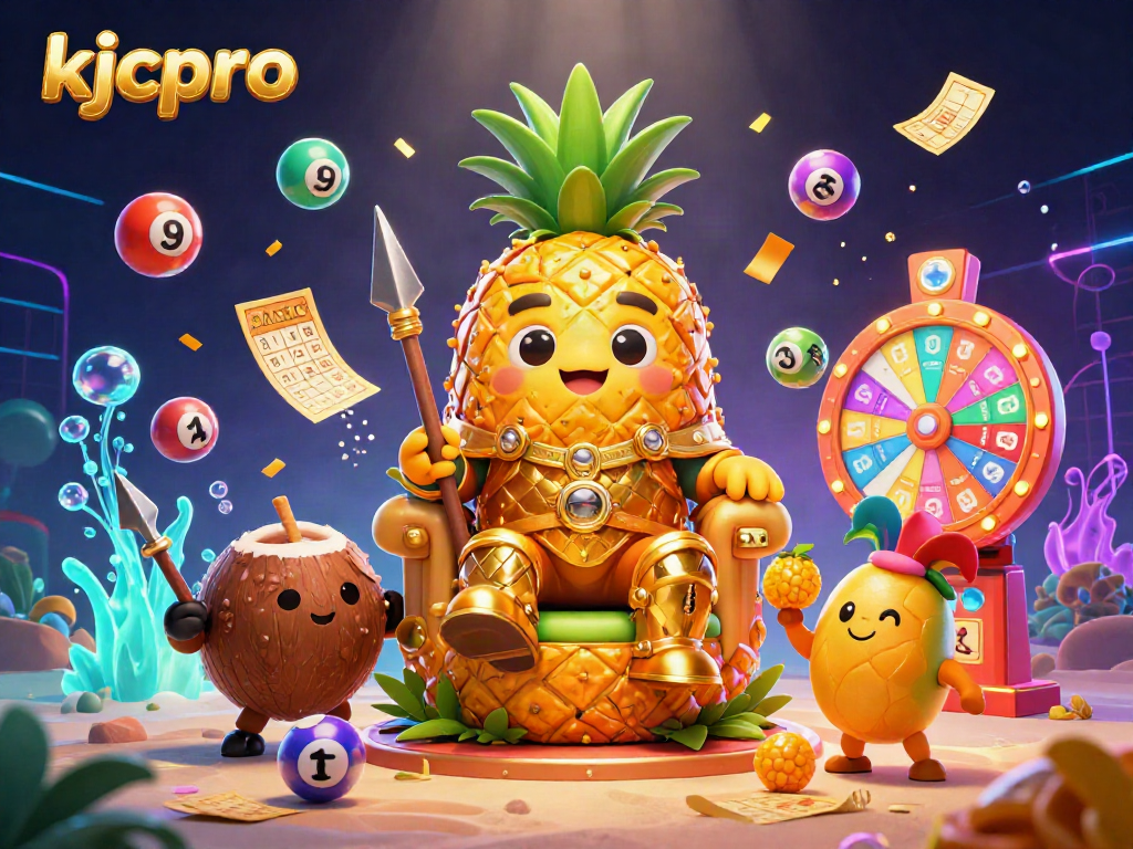 Kjcpro engages gamblers with a vibrant beach casino scene featuring a golden pineapple king and dynamic lottery elements.