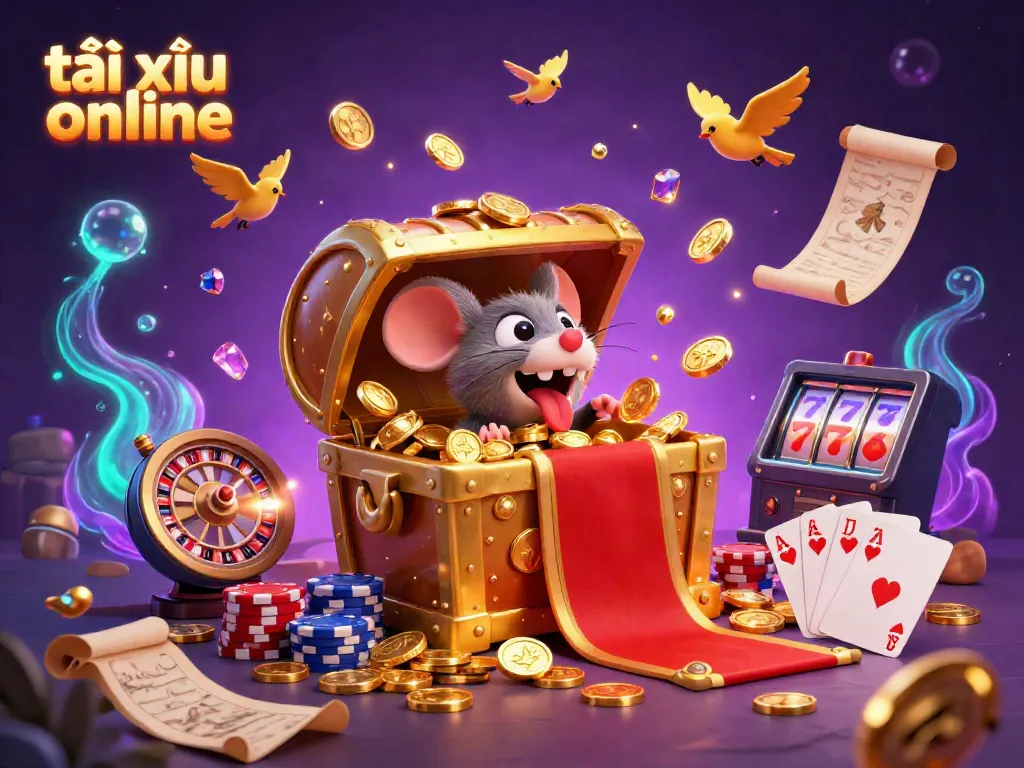Engage in thrilling tài xỉu online gameplay with golden treasures, sparkling gems, and vibrant casino elements.