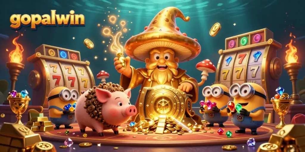 Experience the magic of gopalwin with a golden wizard and treasures in this dynamic casino scene.
