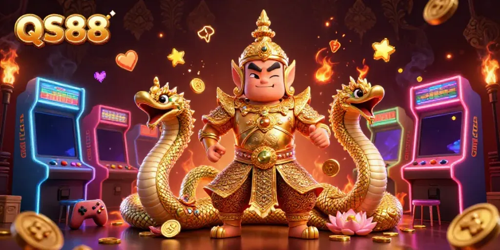 Experience vibrant gaming action at QS88 with a 3D cultural illustration showcasing golden guardians and arcade elements.