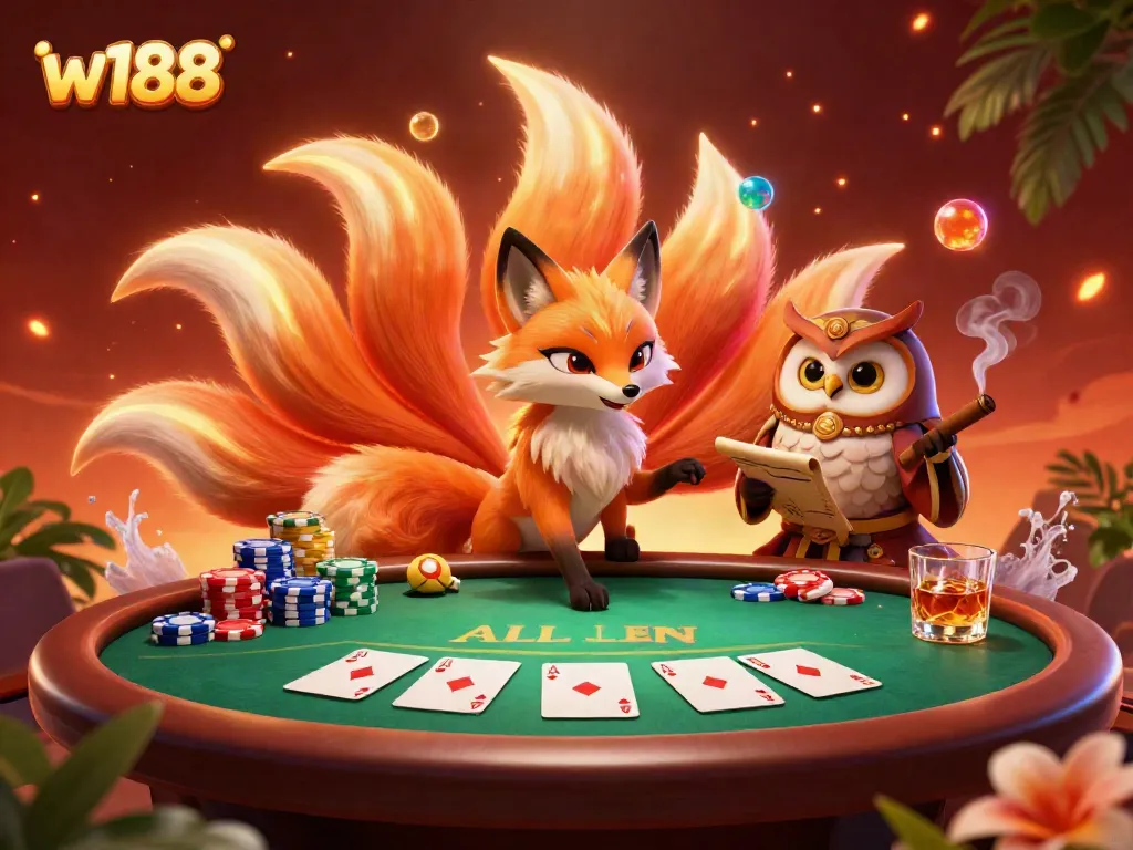 Experience gaming excitement at w188 with a vivid poker scene featuring vibrant characters and colorful chips.