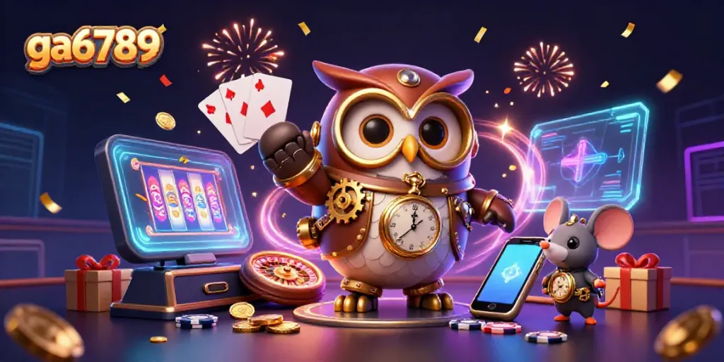 Experience the excitement of ga6789 with a 3D cartoon owl in a vibrant casino setting.