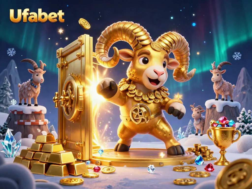 Experience thrilling gameplay with Ufabet's dynamic golden ram charging through a treasure-filled casino environment.