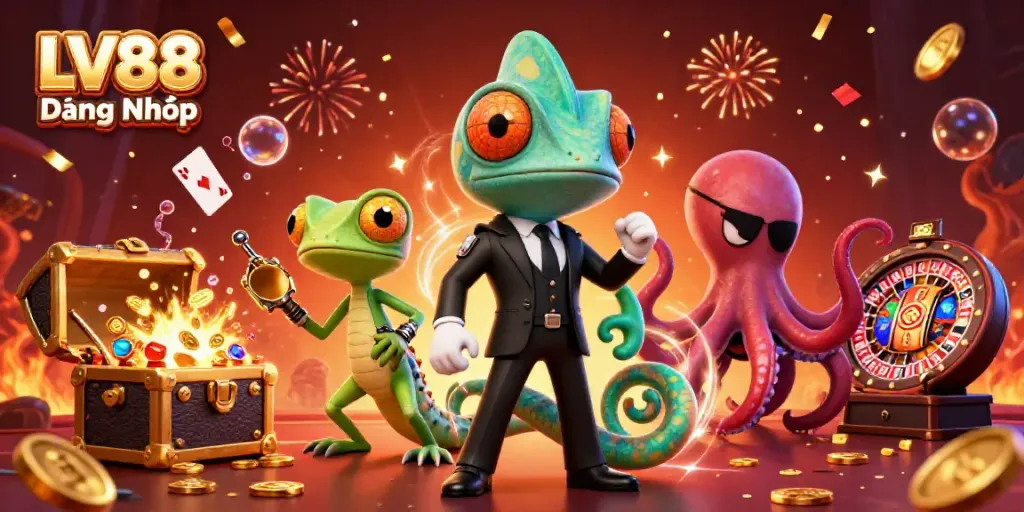 Experience the thrilling gaming scene at LV88 Đăng Nhập featuring colorful characters and casino elements.