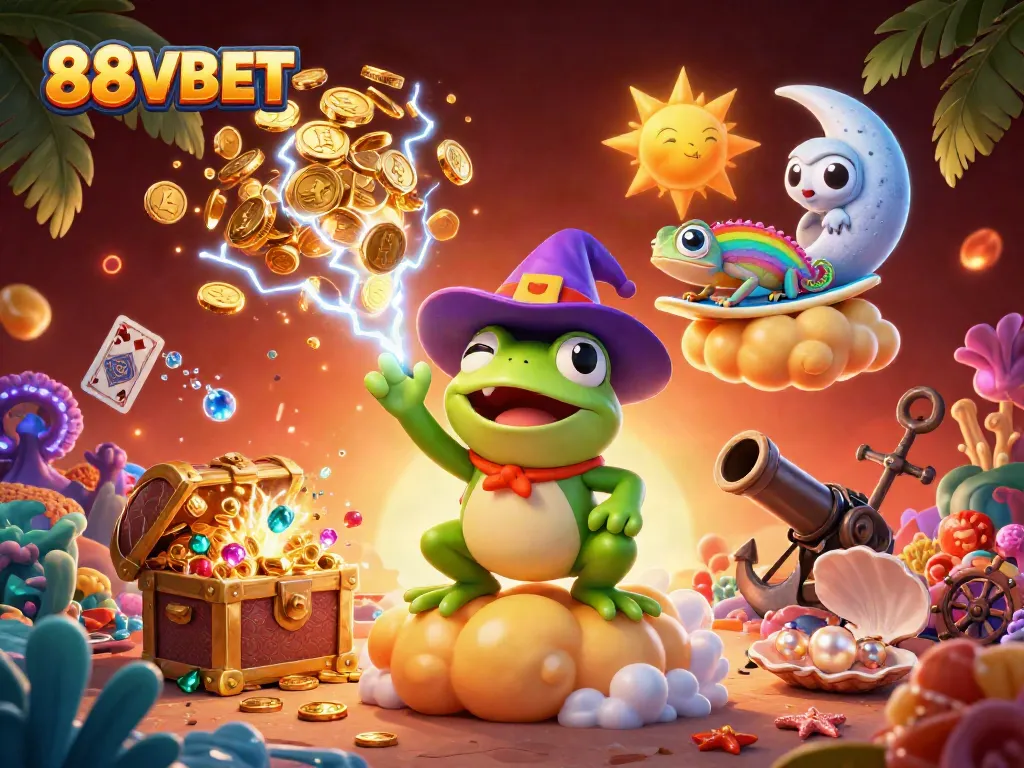 Engage in thrilling gaming experiences with 88VBET as vibrant characters celebrate wins in a gold-filled environment.