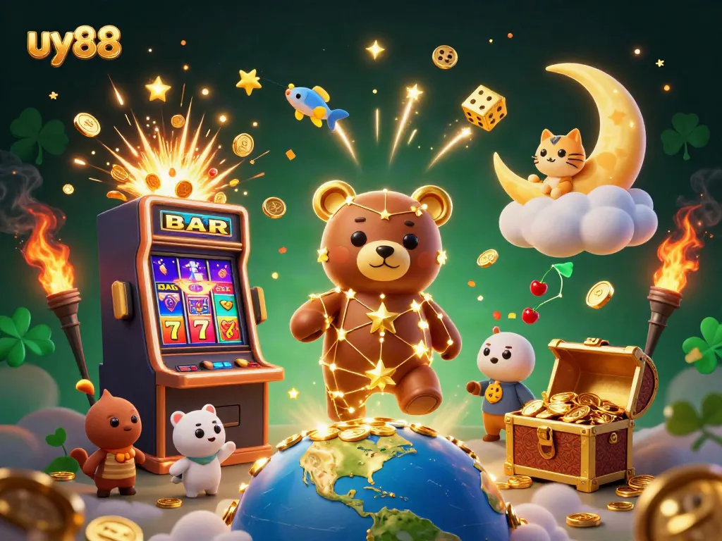 Experience the excitement of uy88 with dazzling slots and a constellation bear in a vibrant casino scene.