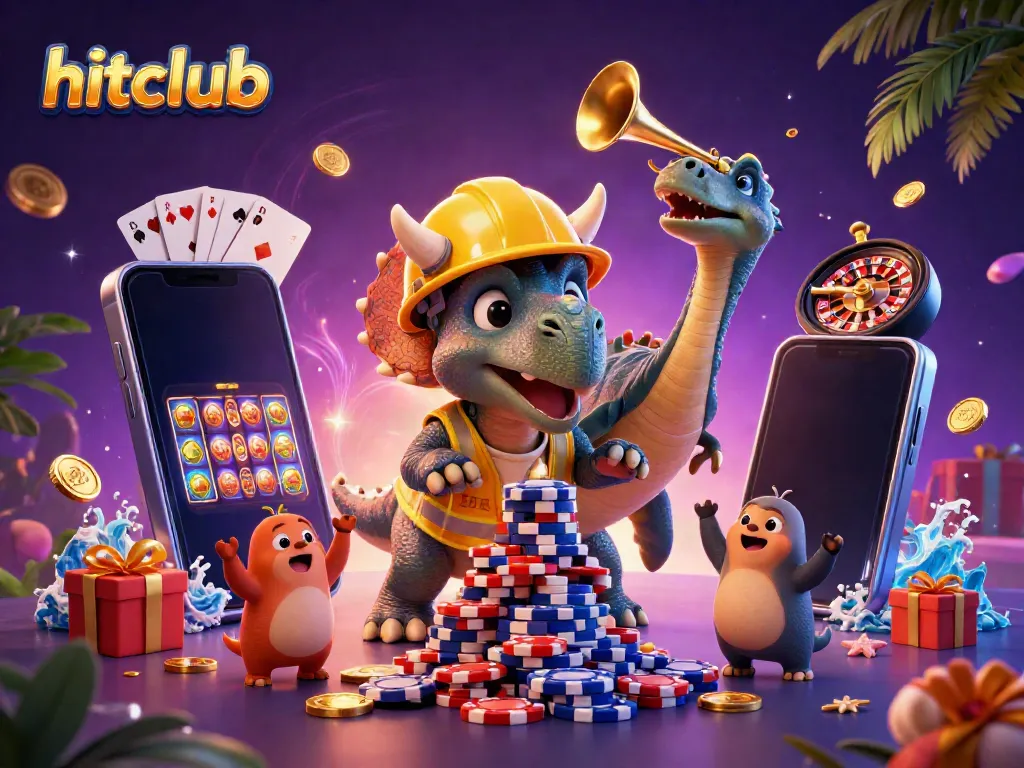 Celebrate winning at hitclub with vibrant cartoon dinosaurs, poker chips, and energetic game elements.