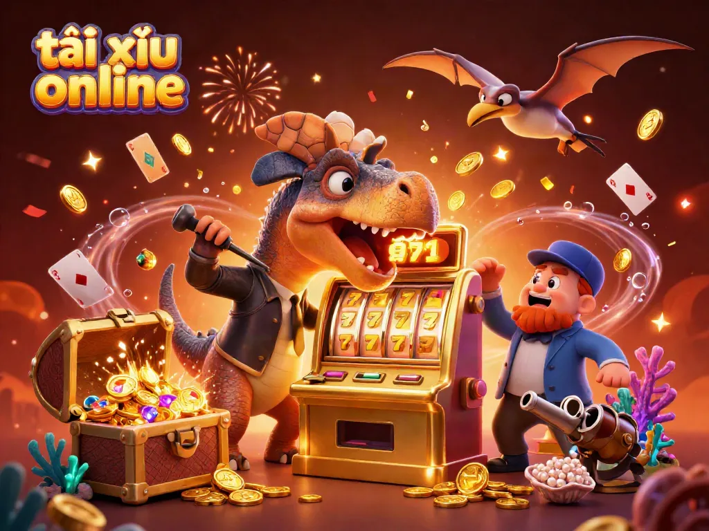 Experience the excitement of tài xỉu online with a lively 3D illustration featuring vibrant characters and casino elements.