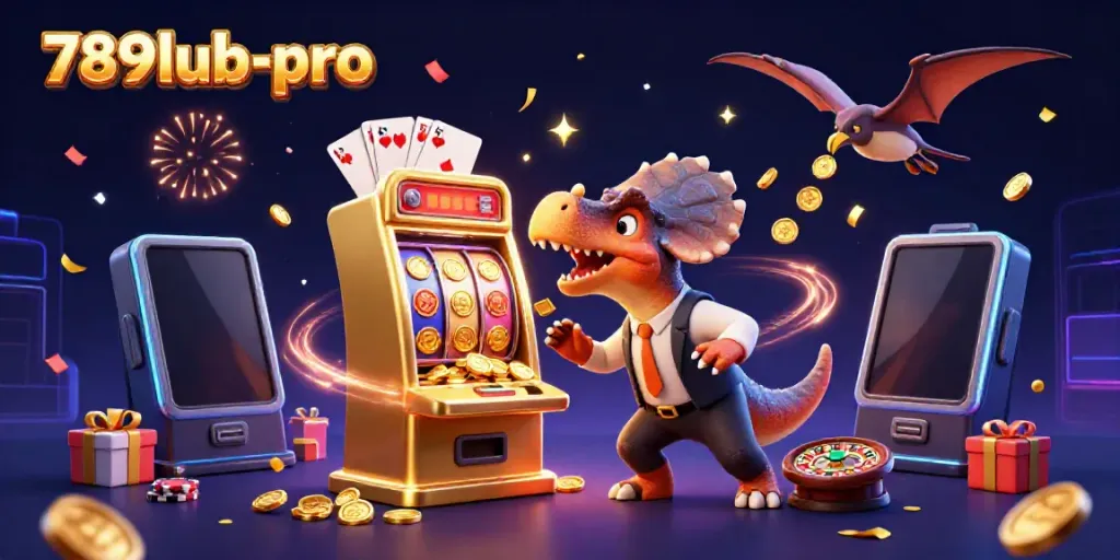 Experience a playful jackpot scene at 789lub-pro with dinosaurs amidst gold coins and casino games.