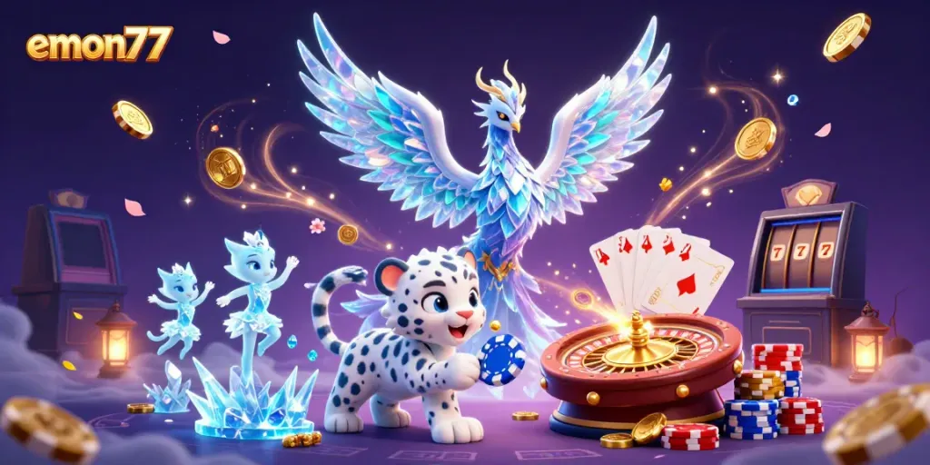Experience the thrill of emon77 with a majestic ice phoenix and glowing sprites in this dynamic casino scene.