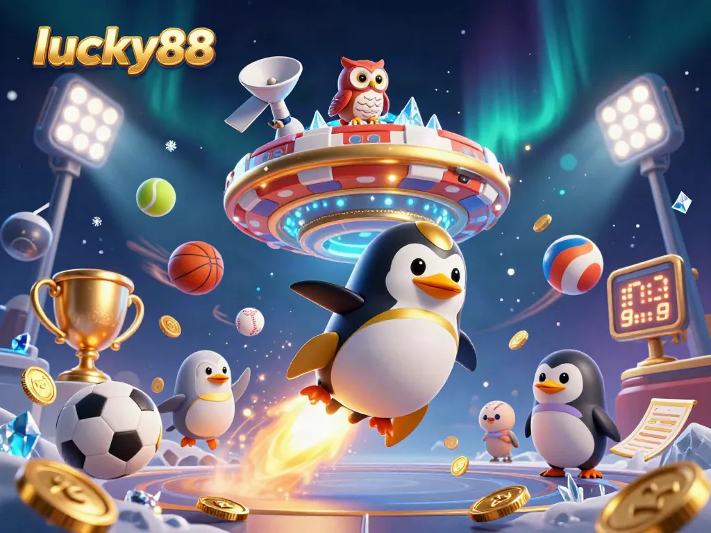 Engaging illustration of lucky88 involving a penguin and various casino elements in a dynamic casino space.