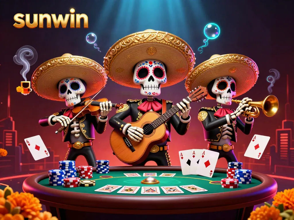Experience the thrill of sunwin gaming with vibrant mariachis amidst poker chips and playing cards.
