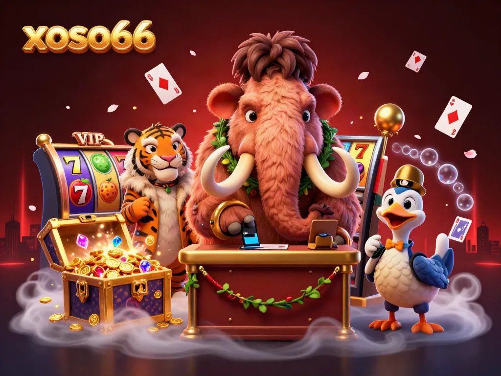 Experience excitement at xoso66 with a bustling casino scene featuring unique characters and slots.
