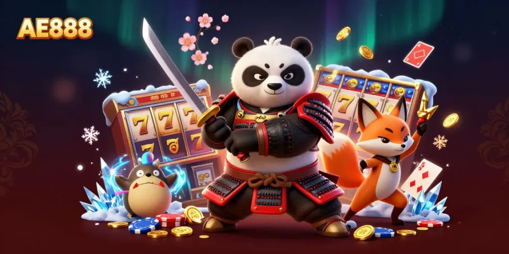 Engaging AE888 casino scene featuring a samurai panda, ninja fox, and tanuki with vibrant casino elements.