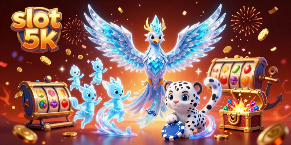 Engage with the action of slot 5k gaming featuring vibrant characters and dazzling casino elements in a festive scene.