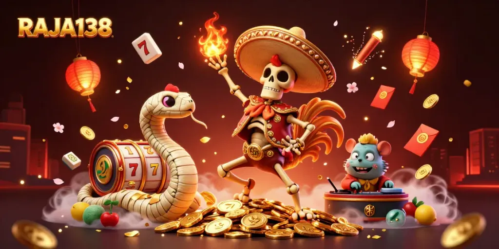 Experience the excitement of RAJA138 with fun slot reels and cartoon-style characters in festive casino imagery.