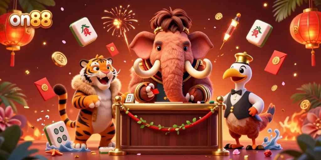 Experience the vibrant world of on88 with a cartoon bouncer, VIP tiger, and dodo doorman in a bustling casino scene.