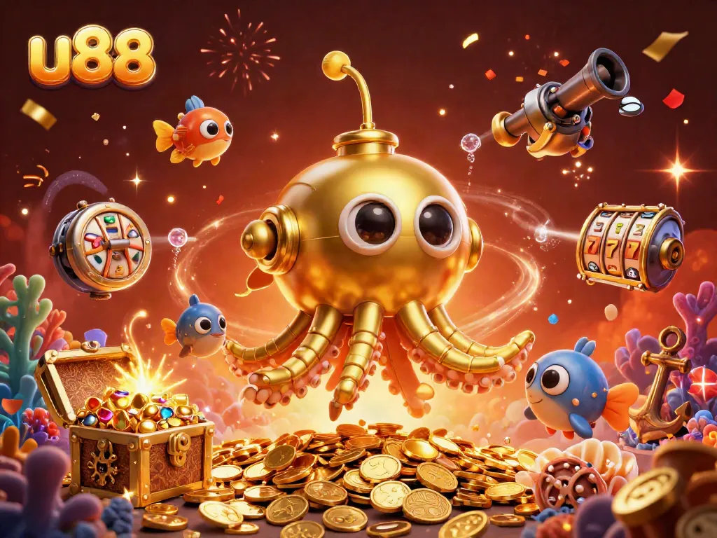 Join the adventure at u88, featuring a golden kraken submarine in a treasure-filled underwater scene.