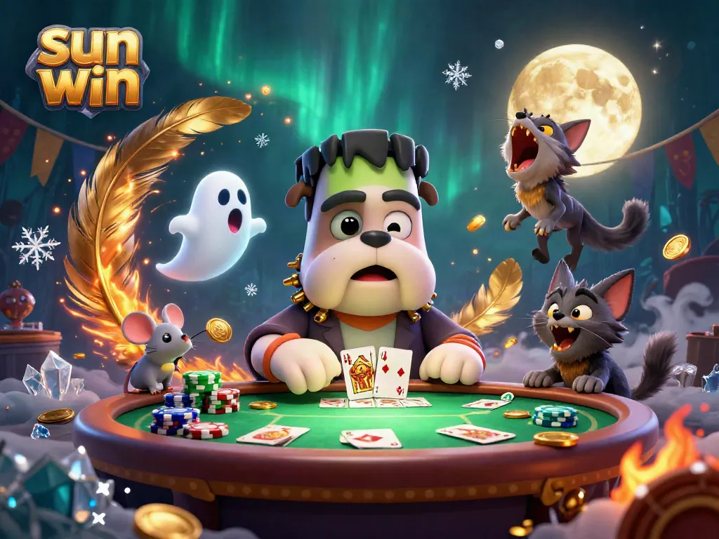 Experience the excitement of sun win at a lively poker table with vibrant characters and dynamic casino elements.