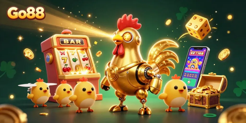 Engage with Go88's thrilling casino experience featuring vibrant slot machines and an exciting golden rooster