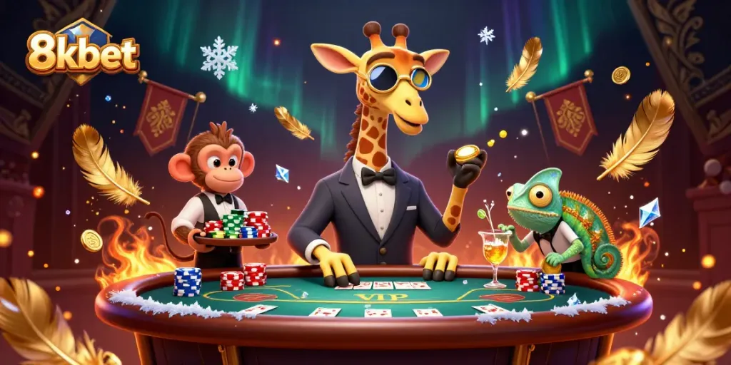 Join the excitement at 8xbet with a high-roller giraffe at a VIP poker table amidst a vibrant casino atmosphere.