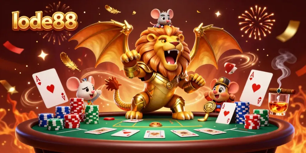 Experience thrilling poker action with lode88's golden chimera and vibrant casino elements.