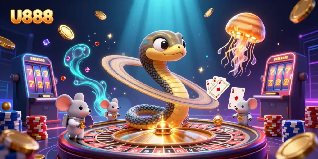 Experience the thrill of U888 with 3D casino elements amidst vibrant cosmic imagery.