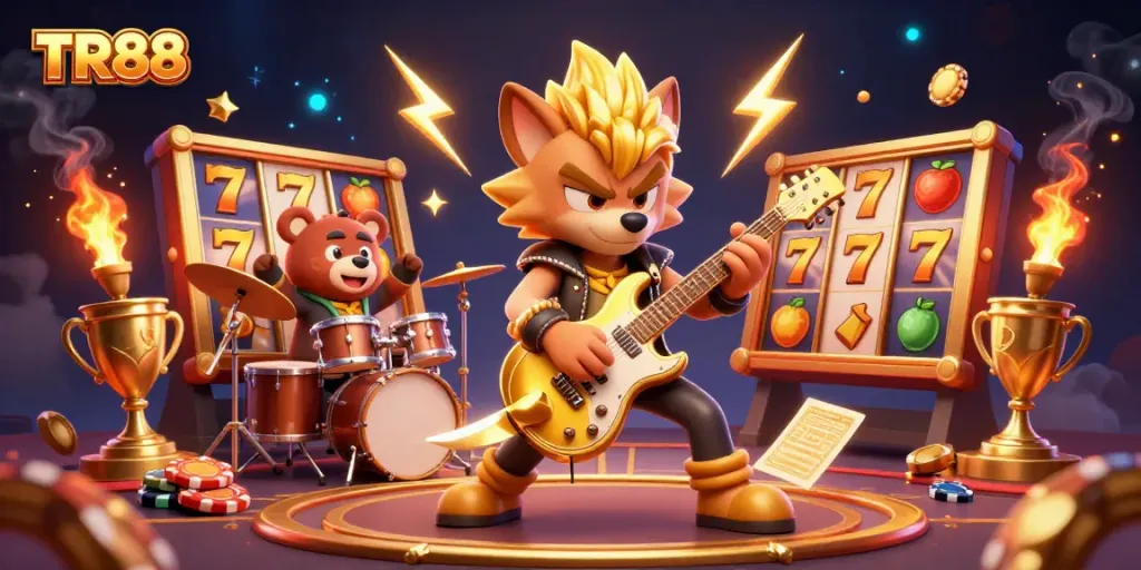 Engage with TR88 on a vibrant casino stage featuring animated characters and dynamic gaming elements.